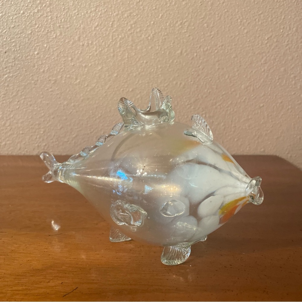 Murano 1960’s  Hand Blown Glass Fish Sculpture with White and Orange Accents